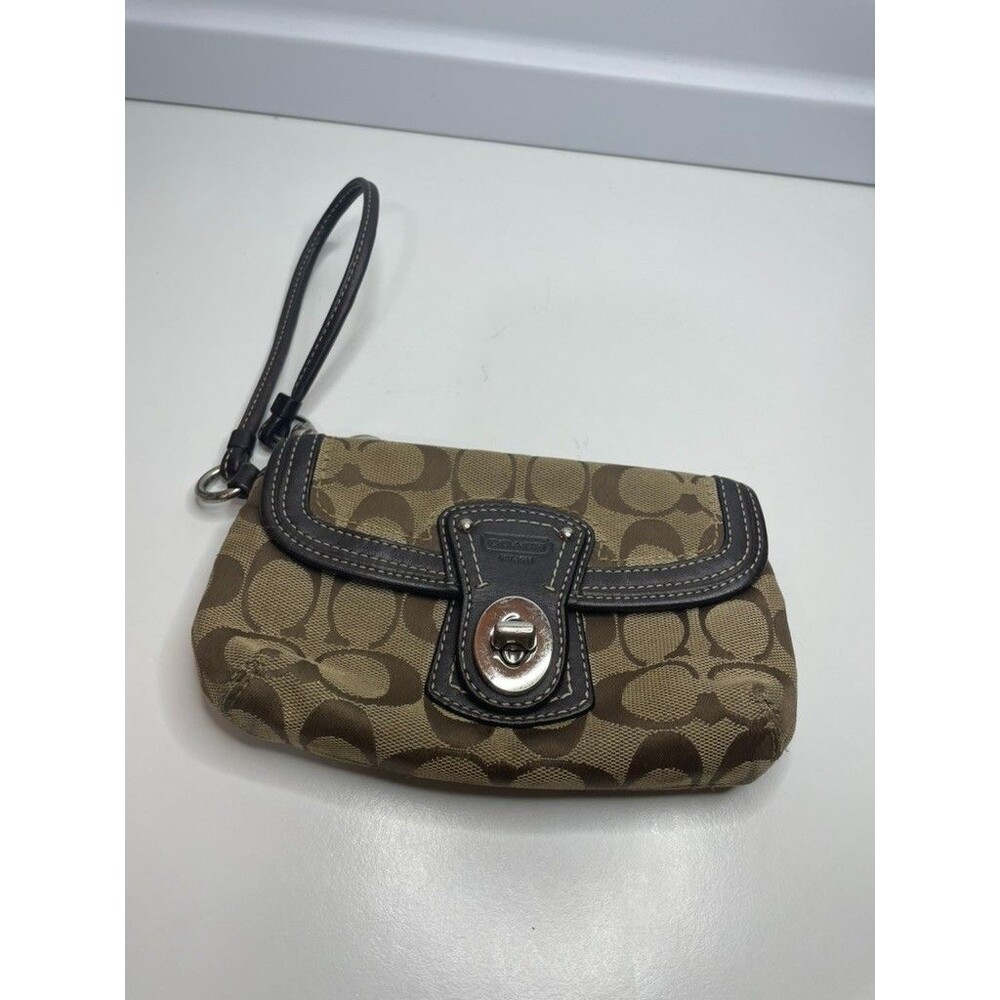 Vintage Coach Legacy Signature Canvas Turn Lock Wristlet Khaki/Black